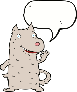 bir insan tarafından çizilmiş konuşma balonlu mutlu bir köpek.