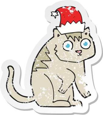 Bir insan tarafından çizilmiş noel şapkası giyen bir çizgi film kedisinin gerilimli çıkartması.