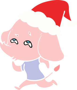 Bir insan tarafından çizilmiş Noel Baba şapkası takan bir filin düz renkli çizimi.