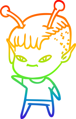 Gökkuşağı gradyan çizgisi bir insan tarafından çizilmiş şirin bir uzaylı kızın çizimi.