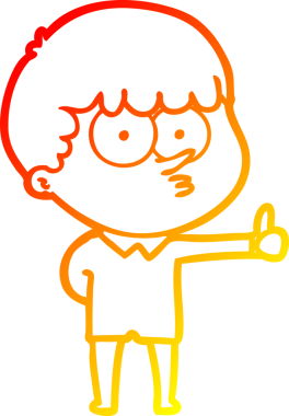 Karikatür çizen meraklı bir çocuğun sıcak çizgi çizimi. Bir insan tarafından çizilmiş baş parmak işareti.