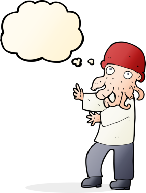 Bir insan tarafından çizilmiş düşünce balonlu canavar adam.