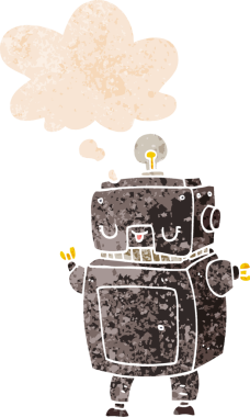 grunge 'da düşünce baloncuğu olan karikatür robotu bir insan tarafından çizilmiş gerilimli retro stil