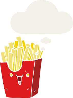 Bir insan tarafından çizilmiş düşünce baloncuklu patates kızartması kutusu.