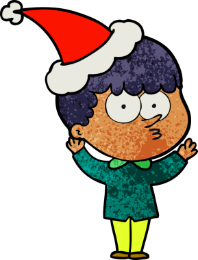 Bir insan tarafından çizilmiş Noel Baba şapkası giyen meraklı bir çocuğun el çizimi karikatürü.