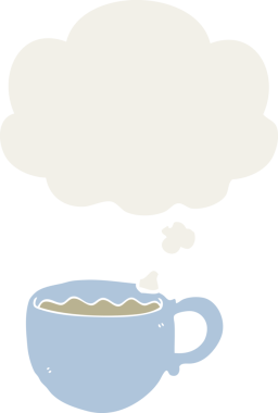 Düşünce baloncuklu çizgi film kahve fincanı insan tarafından çizilmiş.