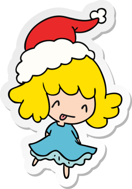 Bir insan tarafından çizilmiş Kawai kızının el çizimi Noel çıkartması.