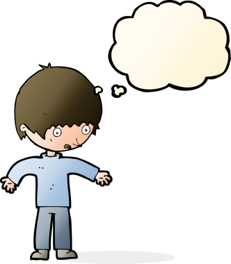 Bir insan tarafından çizilmiş düşünce kabarcığı olan kafası karışmış bir çocuk.