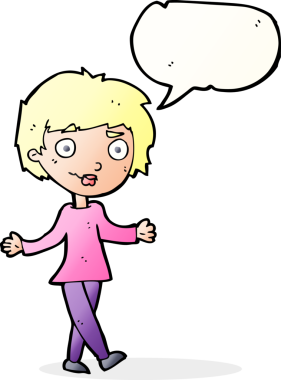 Bir insan tarafından çizilmiş konuşma balonu olan kafası karışık bir kadın çizgi filmi.