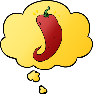 Düşünce baloncuğu olan kırmızı biber çizgi filmi bir insan tarafından çizilmiş.