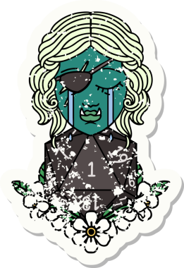 Retro Dövme Tarzı Ağlama Yarı Ork haylaz karakter Doğal bir D20 rulo ile bir insan tarafından çizilmiş