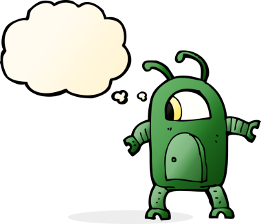 Bir insan tarafından çizilmiş düşünce baloncuklu uzaylı robot.