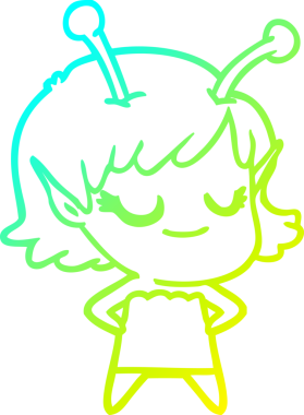 Bir insan tarafından çizilmiş gülümseyen uzaylı kız çizgi filmi.