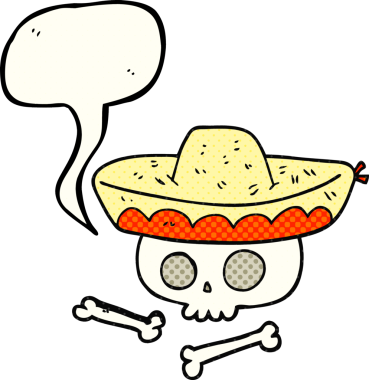 Bir insan tarafından çizilmiş Meksika şapkasıyla çizilmiş bir karikatür kitabı konuşma balonu kafatası.