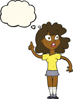 Bir insan tarafından çizilen düşünce baloncuğuyla nokta koyan çizgi film kadını.