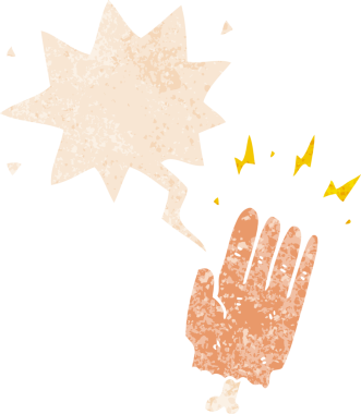 Bir insan tarafından çizilmiş, sıkıntılı, eskimiş eski tarzda konuşan zombi eli çizgi film büyüsü.