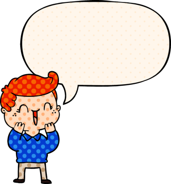 Bir insan tarafından çizilmiş çizgi roman tarzında konuşma balonu olan gülen çocuk.