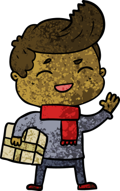 Bir insan tarafından çizilmiş paketle gülen çizgi film adamı.