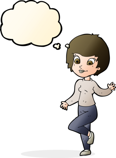 Bir insan tarafından çizilmiş düşünce baloncuğuyla el sallayan çizgi film kadını.