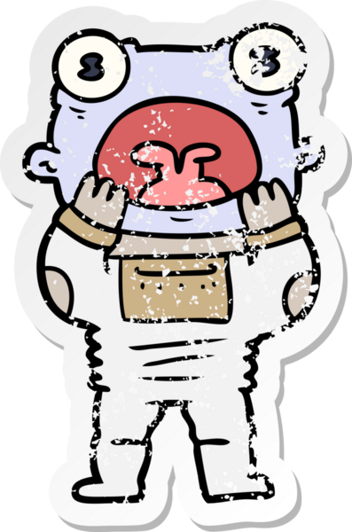 Bir insan tarafından çizilmiş bir uzaylı çizgi filminin sıkıntılı çıkartması.