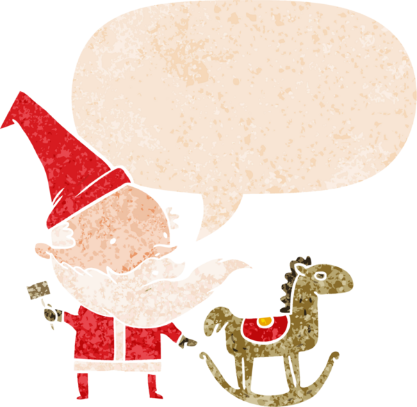 çizgi film Noel Baba konuşma baloncuğu ile oyuncak yapıyor grunge sıkıntılı retro stili bir insan tarafından çizilmiş