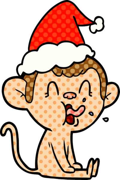Bir insan tarafından çizilmiş Noel Baba şapkası giymiş bir maymunun çizgi roman çizimi.