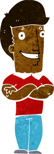 Bir insan tarafından çizilmiş, katlanmış kolları olan çizgi film adamı.