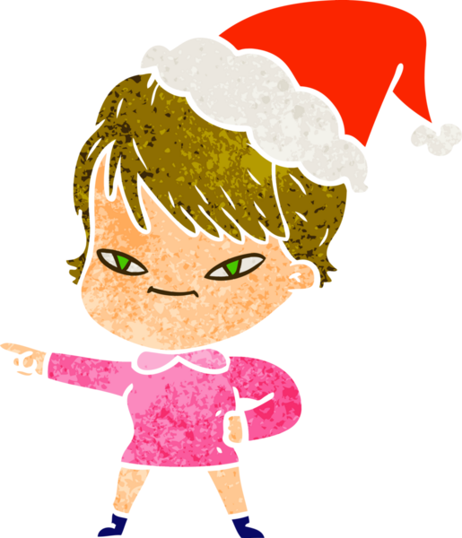 Bir insan tarafından çizilmiş Noel Baba şapkası giyen mutlu bir kadının el çizimi karikatürü.