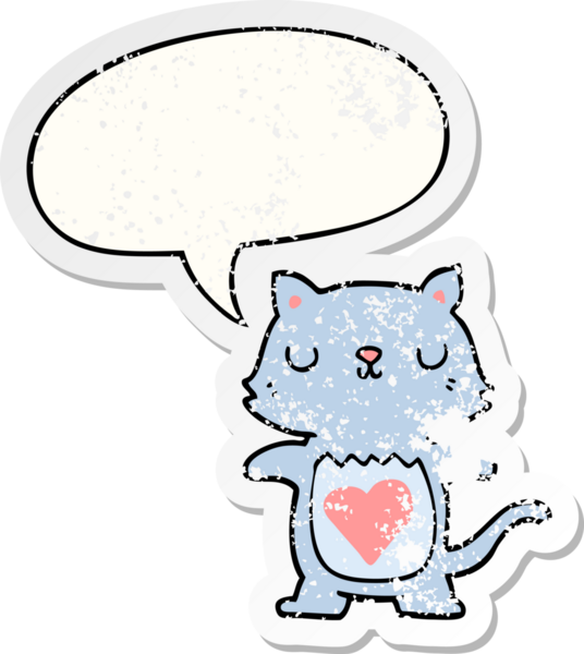 Konuşma baloncuğu olan sevimli çizgi film kedisi bir insan tarafından çizilmiş sıkıntılı eski bir çıkartma