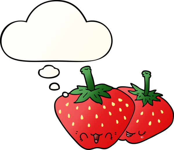 Düşünce baloncuklu karikatür çilekleri bir insan tarafından çizilmiş.