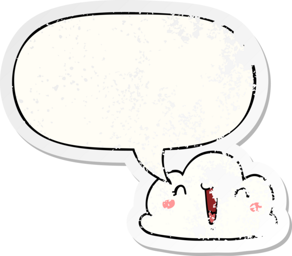 Konuşma baloncuğu olan sevimli çizgi film bulutu bir insan tarafından çizilmiş sıkıntılı eski bir çıkartma