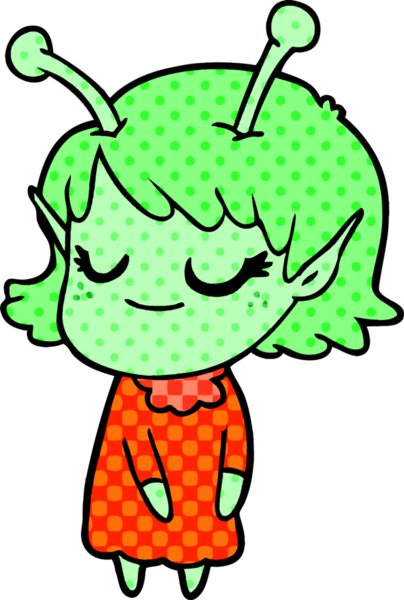 Bir insan tarafından çizilmiş gülümseyen uzaylı kız çizgi filmi.