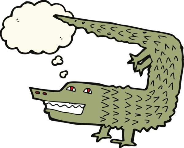 Bir insan tarafından çizilmiş düşünce baloncuklu timsah çizgi filmi.