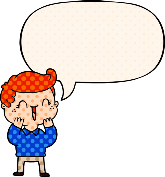 Bir insan tarafından çizilmiş çizgi roman tarzında konuşma balonu olan gülen çocuk.