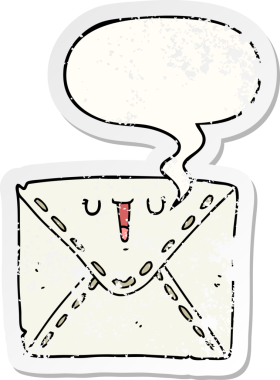 Konuşma baloncuğu olan karikatür zarfı bir insan tarafından çizilmiş sıkıntılı eski bir çıkartma