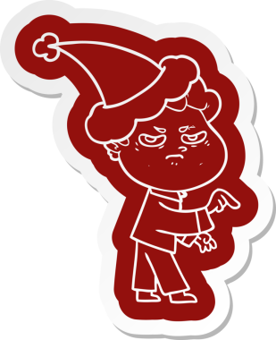 Bir insan tarafından çizilmiş Noel Baba şapkası giyen kızgın bir adamın garip çizgi film çıkartması.