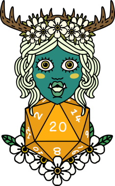 Retro Dövme Biçimi Yarı Ork Druid Bir insan tarafından çizilmiş 20 zar ile