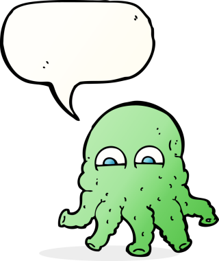 Bir insan tarafından çizilmiş konuşma baloncuklu uzaylı mürekkep balığı yüzü.