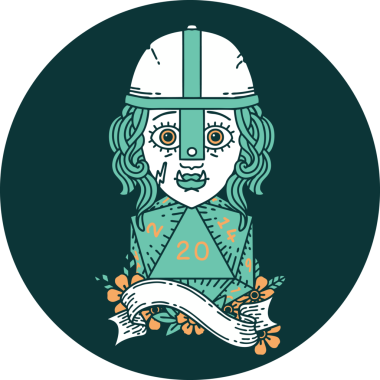 Yarı Ork dövüşçüsünün bir insan tarafından çizilmiş doğal 20 zarlı ikonu.