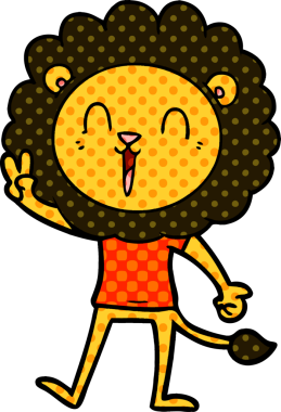 Gülen aslan bir insan tarafından çizilmiş barış işareti veriyor.