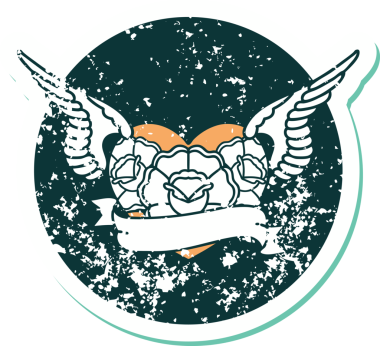 Bir insan tarafından çizilmiş çiçek ve pankartıyla uçan bir kalbin sembolik dövmeli resmi.