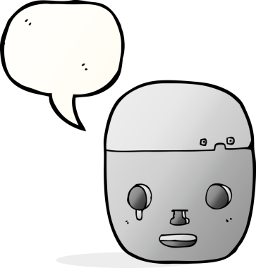 bir insan tarafından çizilmiş konuşma balonlu robot kafası.