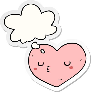 İnsan tarafından çizilmiş bir çıkartma gibi düşünce baloncuklu karikatür kalbi.