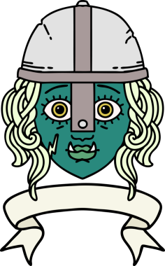 Retro Dövme Biçimli Ork savaşçı yüzü bir insan tarafından çizilmiş pankartıyla