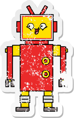 Bir insan tarafından çizilmiş sevimli bir robot çizgi film çıkartması.