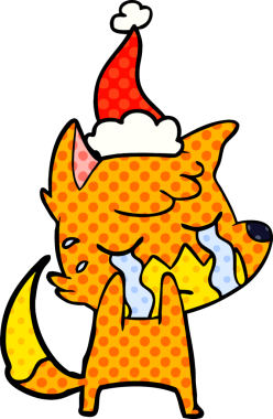 Ağlayan tilki eli bir insan tarafından çizilmiş Noel Baba şapkasının çizgi roman çizimi.