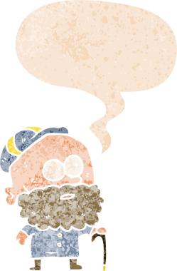 Elinde konuşma baloncuğu olan yaşlı bir adam grunge dertli eski moda bir insan tarafından çizilmiş.