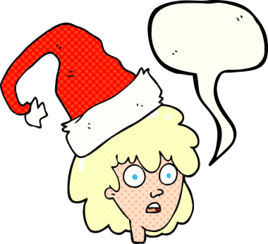 Bir insan tarafından çizilmiş Noel Baba şapkası giyen, serbest çizilmiş bir çizgi roman konuşma balonu kadın.