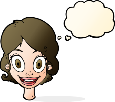 Bir insan tarafından çizilmiş düşünce balonlu mutlu kadın çizgi filmi.