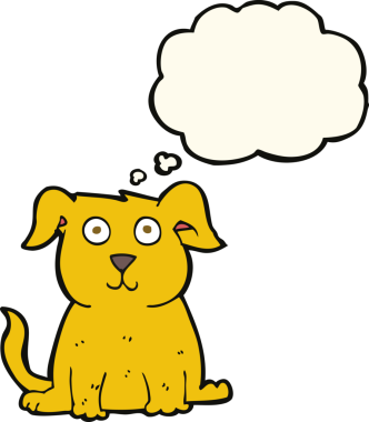 Bir insan tarafından çizilmiş düşünce balonlu mutlu bir köpek.